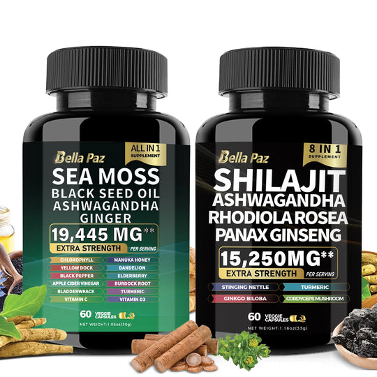 Bundle: Sea Moss 7000mg, Black Seed Oil 4000mg, Ashwagandha 2000mg, Ginger, Shilajit 9000mg, Ginseng 1500mg (2 Bottles)