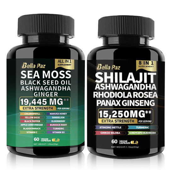 Bundle: Sea Moss 7000mg, Black Seed Oil 4000mg, Ashwagandha 2000mg, Ginger, Shilajit 9000mg, Ginseng 1500mg (2 Bottles)