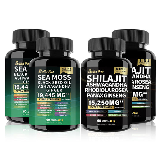 Bundle: Sea Moss 7000mg, Black Seed Oil 4000mg, Ashwagandha 2000mg, Ginger, Shilajit 9000mg, Ginseng 1500mg (2 Bottles)