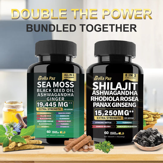 Bundle: Sea Moss 7000mg, Black Seed Oil 4000mg, Ashwagandha 2000mg, Ginger, Shilajit 9000mg, Ginseng 1500mg (2 Bottles)