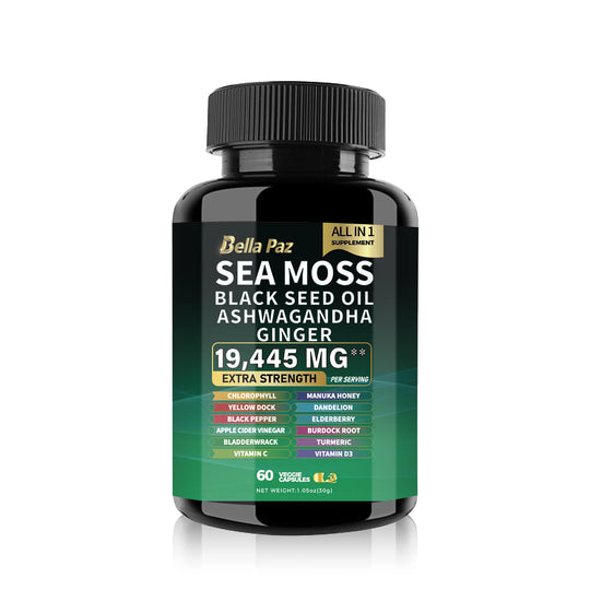 Bundle: Sea Moss 7000mg, Black Seed Oil 4000mg, Ashwagandha 2000mg, Ginger, Shilajit 9000mg, Ginseng 1500mg (2 Bottles)