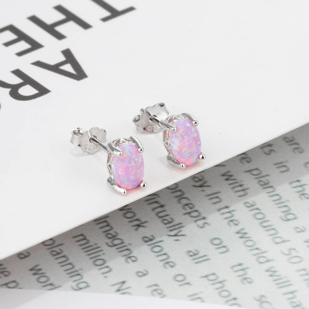 925 Sterling Silver Oval Pink Fire Opal Earrings for Women Fashion Fine Jewelry