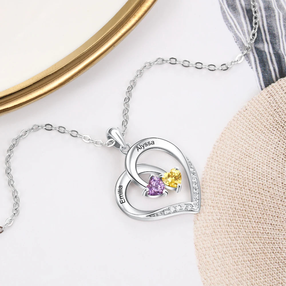 925 Sterling Silver Personalized Heart Necklace with 2 Birthstones Engraved Name Couple