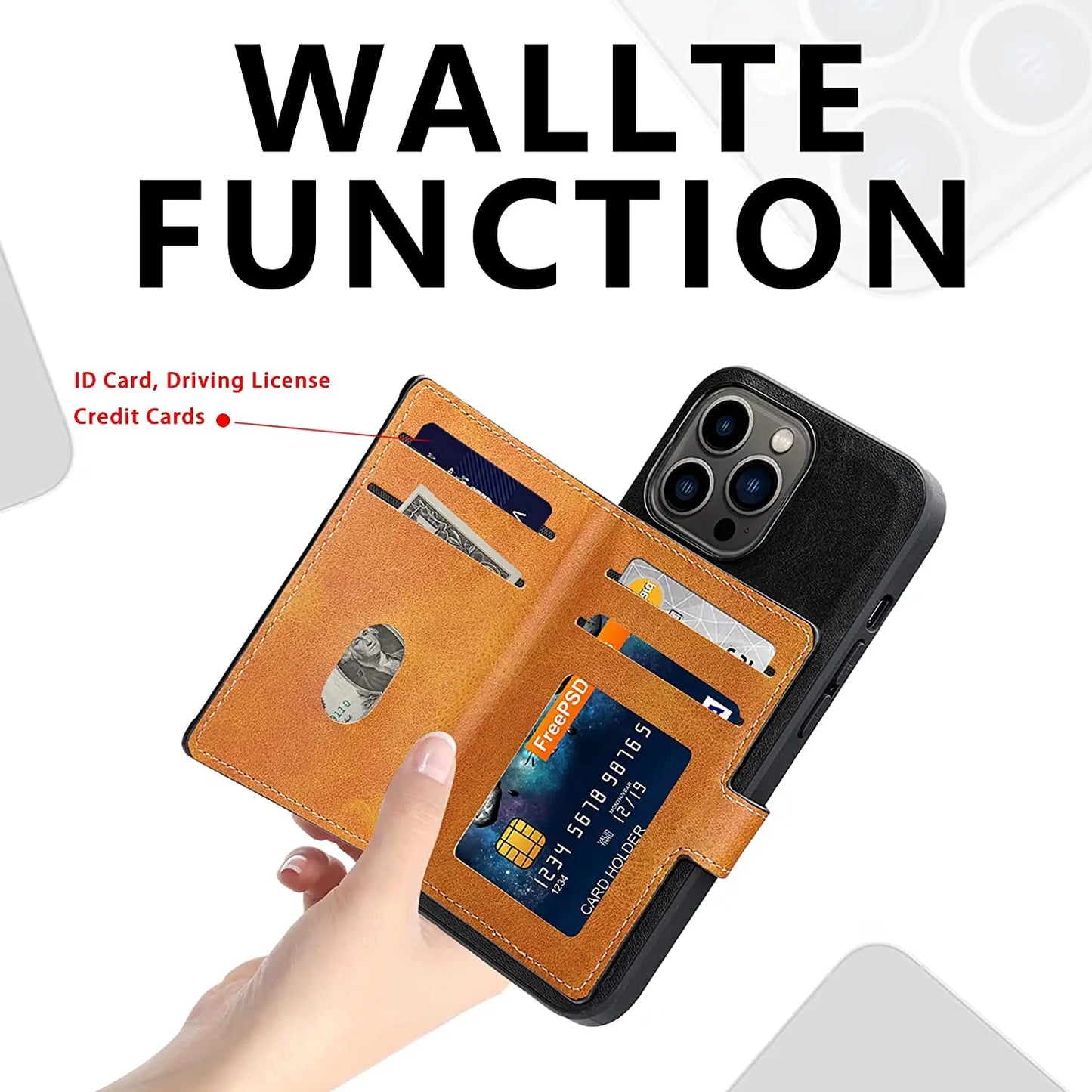 for iPhone 13 12 11 Pro Max XR 8 Case Wallet, 4 Card Holder Credit Slot PU Leather Phone Cover Kickstand