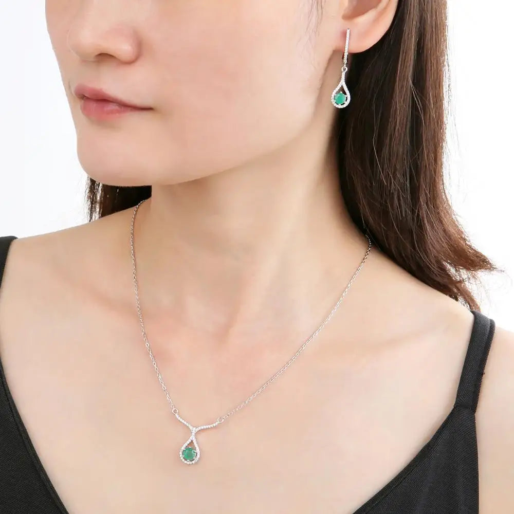 Natural Round Green Emerald Gemstone Drop Earrings 925 Sterling Silver For Women Fine Jewelry