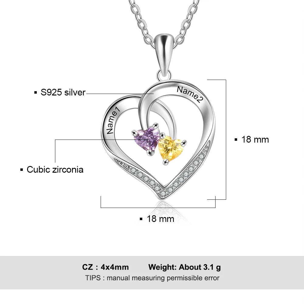 925 Sterling Silver Personalized Heart Necklace with 2 Birthstones Engraved Name Couple