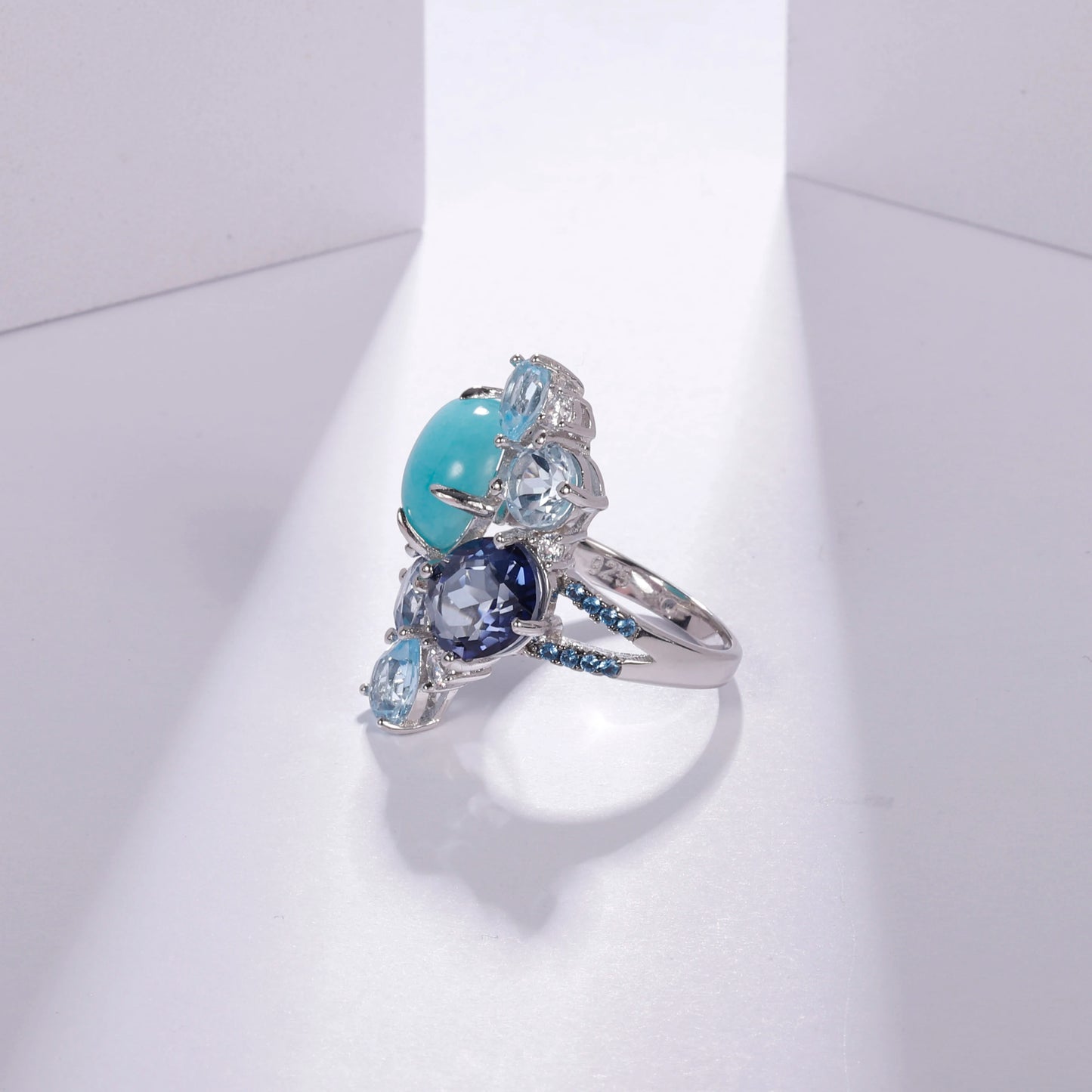 925 Sterling Silver Statement Rings Natural Amazonite Blue Topaz Gemstone Candy Ring for Women Fine Jewelry