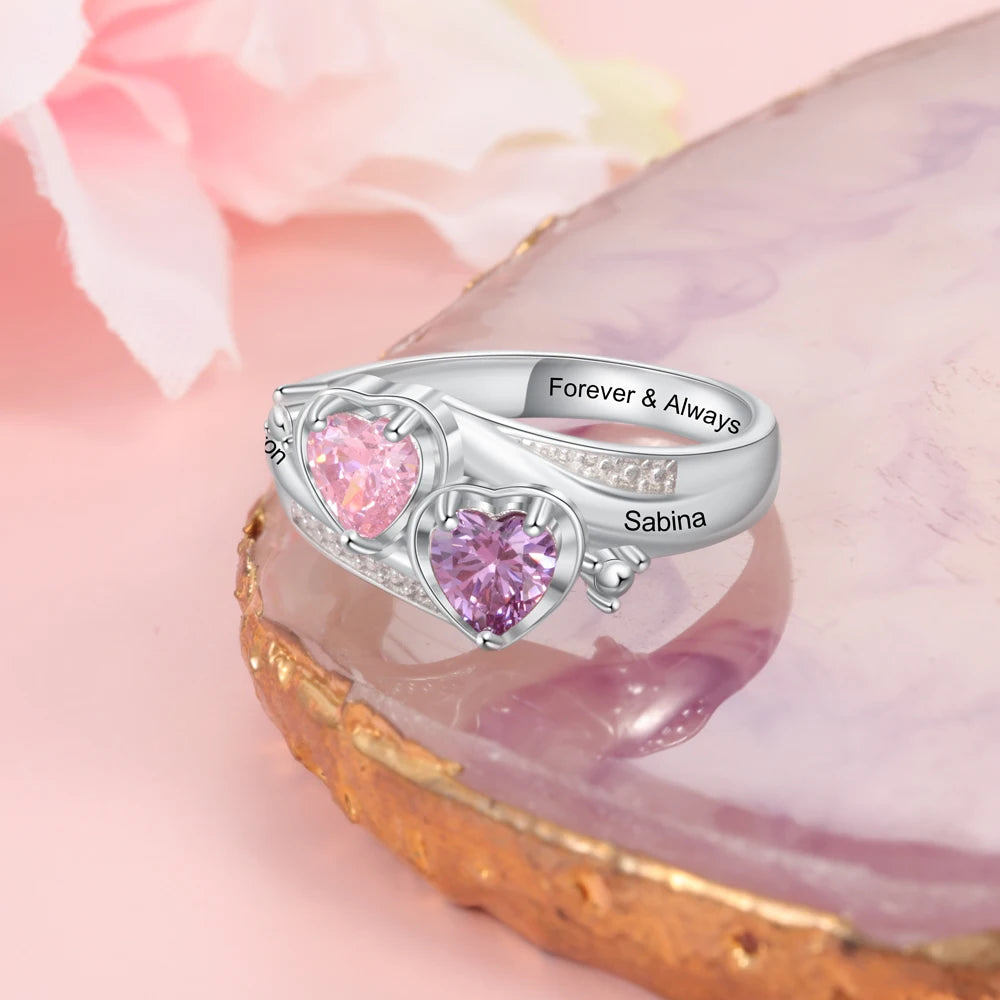 Personalized Name Engraved Promise Rings for Women Silver Color Customize Heart Birthstone