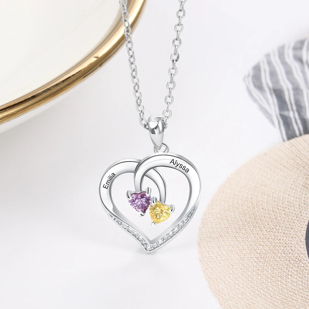 925 Sterling Silver Personalized Heart Necklace with 2 Birthstones Engraved Name Couple