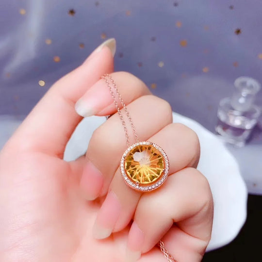 USPS Dropship High Quality Natural Yellow Round Citrine Pendant Necklace,Round, 10*10mm Gemstone Fine Jewelry for Wedding Party