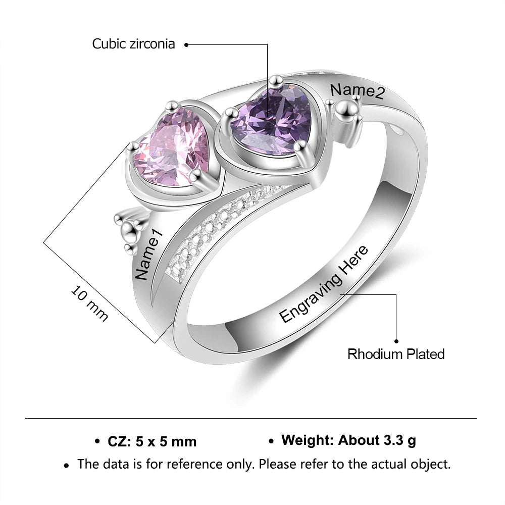 Personalized Name Engraved Promise Rings for Women Silver Color Customize Heart Birthstone