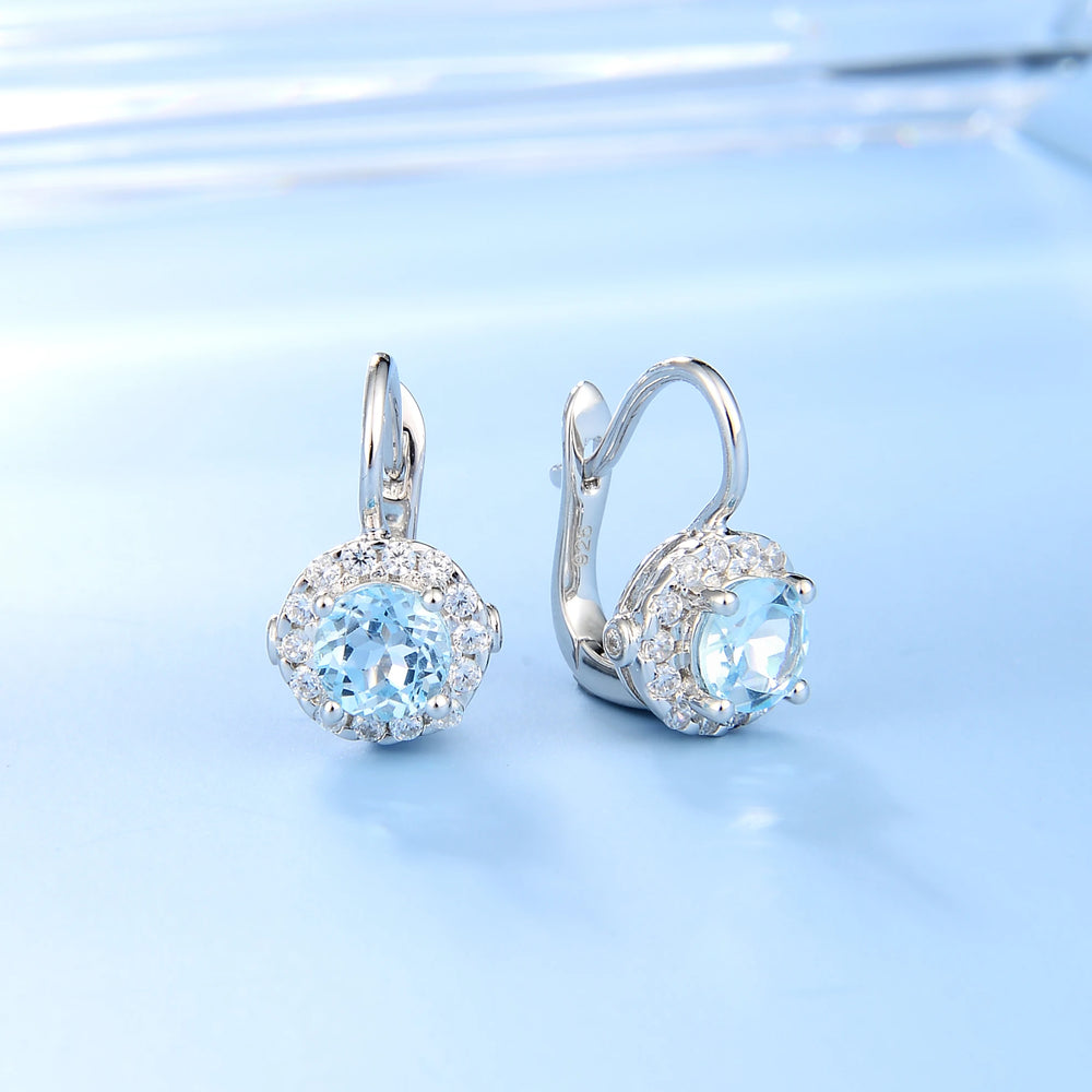 925 Sterling Silver 6mm Round Natural Sky Blue Topaz Halo Earrings For Women Fine Jewelry