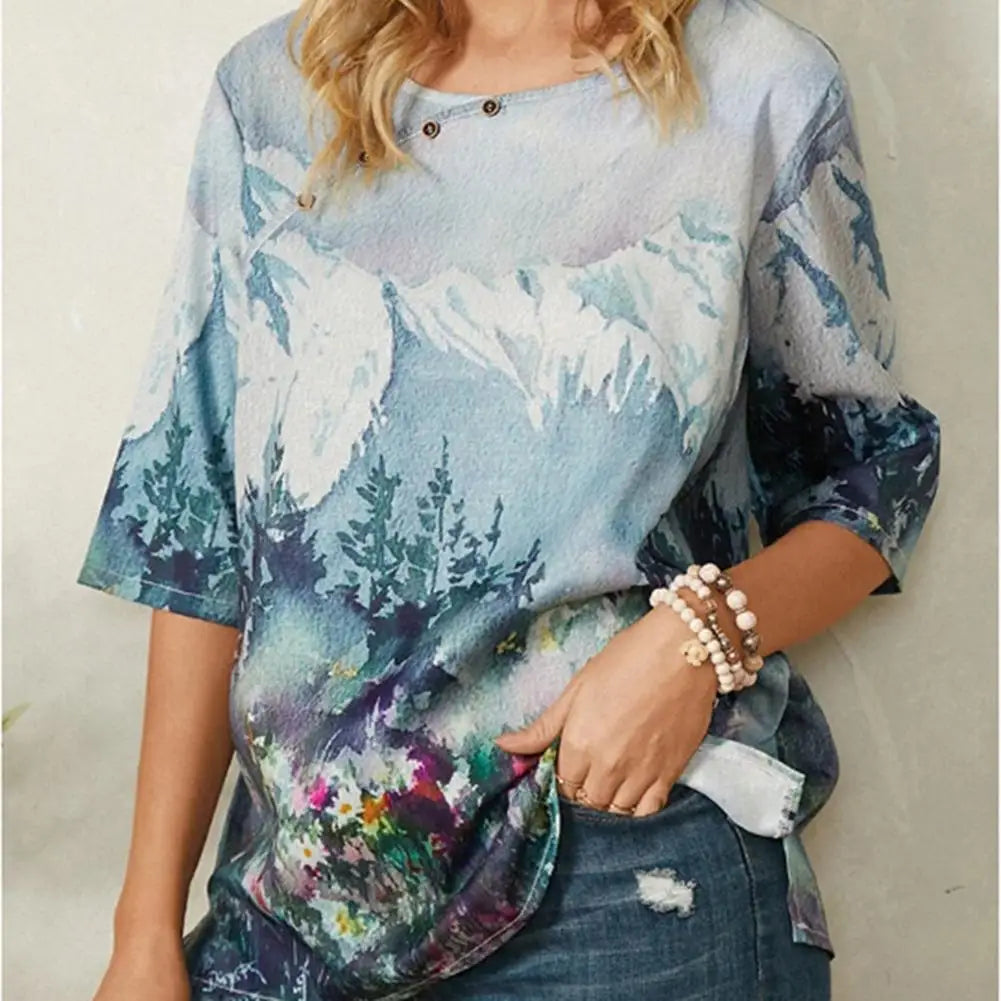 Graphic Tee Shirts Summer New Fashion Women V-neck Flower Print Short Sleeve Casual Loose