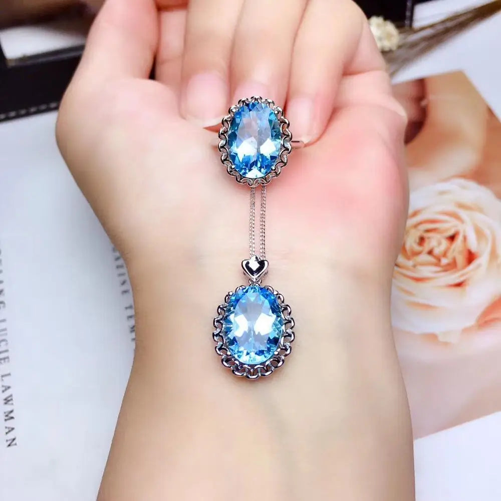 Large Natural Oval Blue Topaz Jewelry Set, Matching Ring and Necklace 925 Sterling Silver Gemstone Fine Jewelry for Women