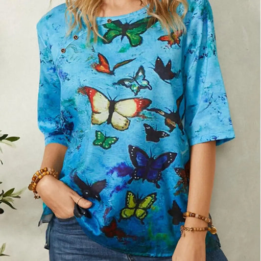 Graphic Tee Shirts Summer New Fashion Women V-neck Flower Print Short Sleeve Casual Loose