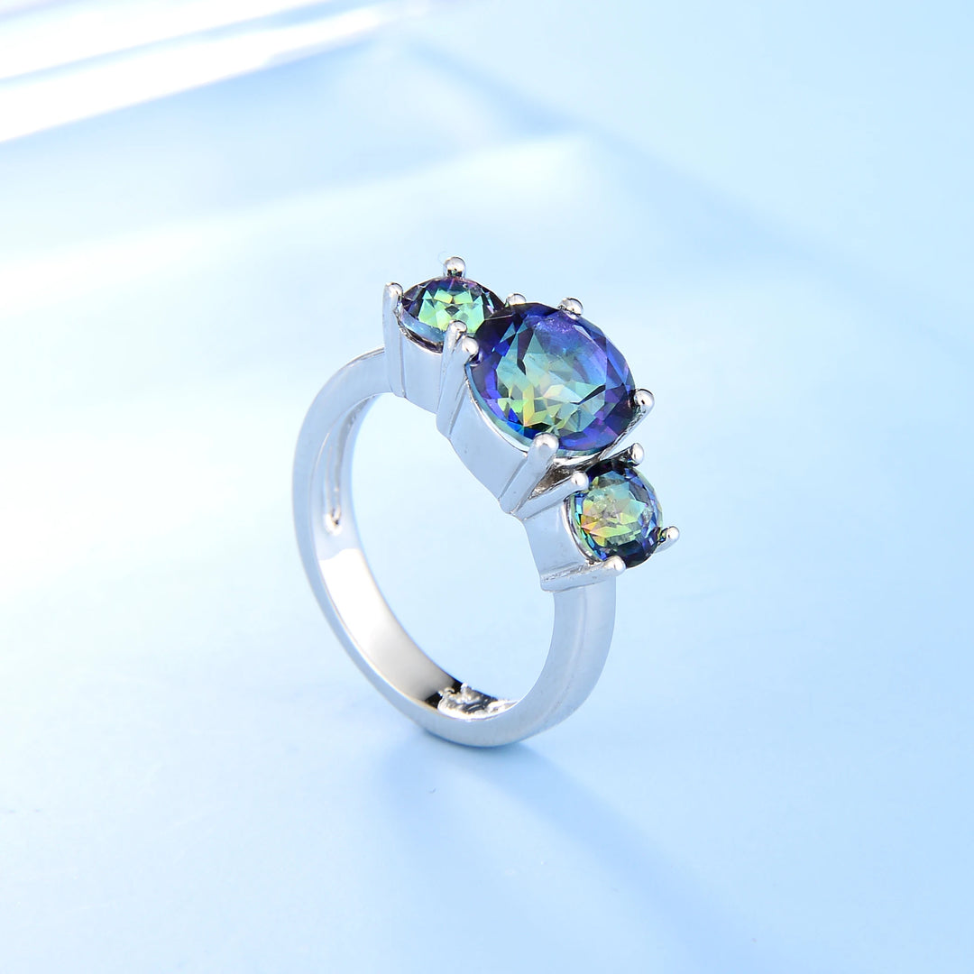 Natural Round Mystic Topaz Birthstone Rings For Women 925 Sterling Silver Three Stone Classic