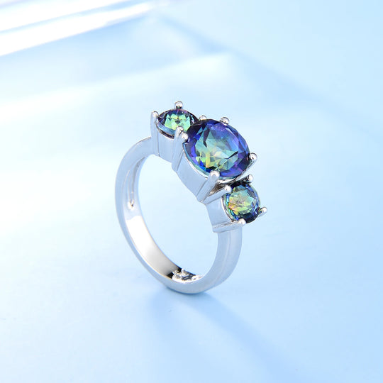 Natural Round Mystic Topaz Birthstone Rings For Women 925 Sterling Silver Three Stone Classic