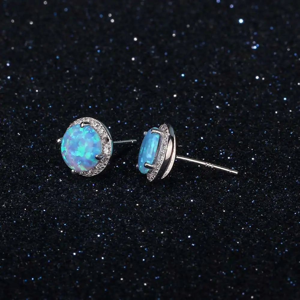 10mm Blue Opal Stone 925 Sterling Silver Stud Earrings Ocean Style Fashion for Women