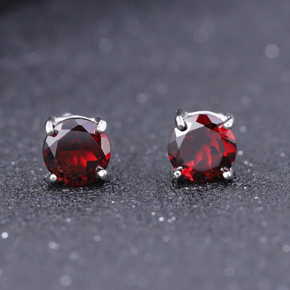 5mm 1.28Ct Round Natural Red Garnet Gemstone Stud Earrings Genuine 925 Sterling Silver Fashion Jewelry for Women