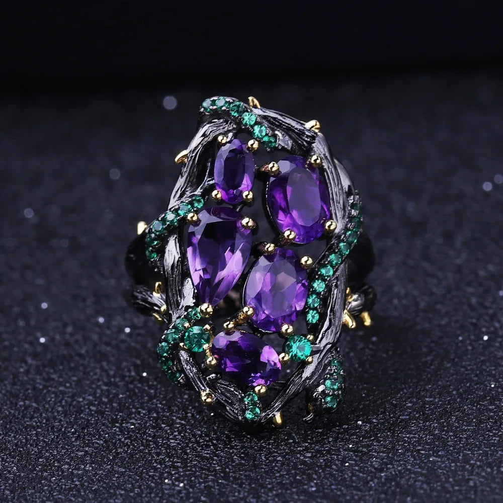 3.23Ct Natural Amethyst 925 Sterling Silver Handmade Hollow Element Ring for Women Bijoux Fine Jewelry