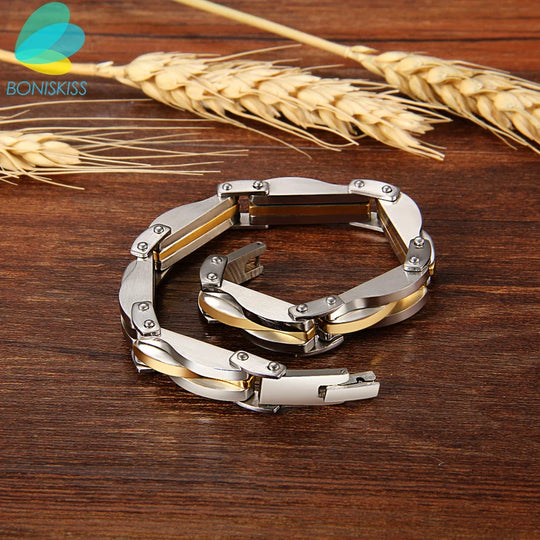 Men Stainless Steel Two Tone Rhombus Cool Link Bracelet Cuff Gold/Silver Color