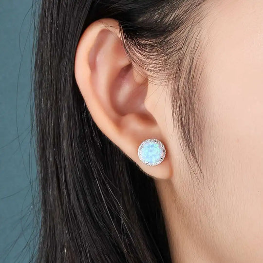 10mm Blue Opal Stone 925 Sterling Silver Stud Earrings Ocean Style Fashion for Women