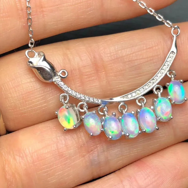 Natural Fire Opal Necklace for Women, 925 Sterling Silver, 4*6mm*7 Pcs Gemstone Color Changing Jewelry