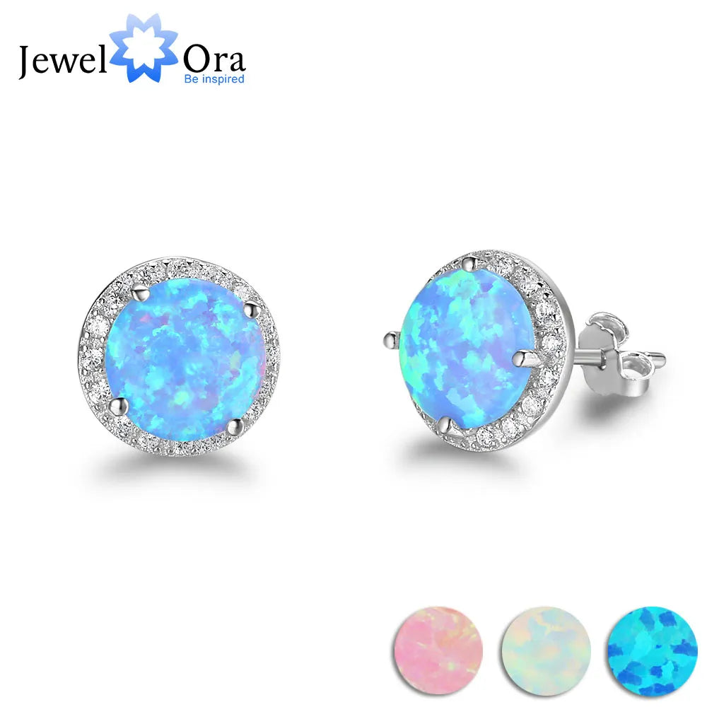 10mm Blue Opal Stone 925 Sterling Silver Stud Earrings Ocean Style Fashion for Women