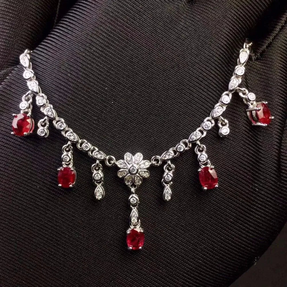 Tested Natural Ruby Choker Necklace for Women, 4*5mm*5Pcs Birthstone, 925 Sterling Silver with Velvet Box Certificate