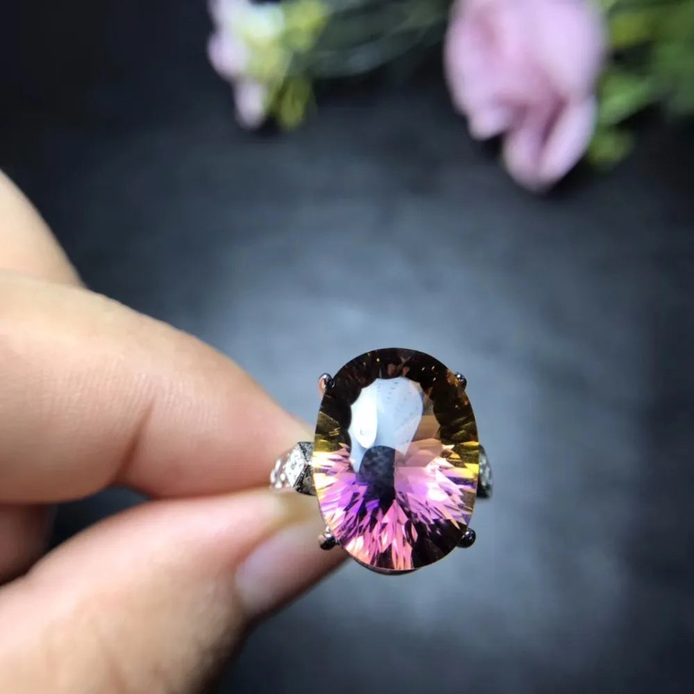 Natural Ametrine Rare Gems Ring, Ladies 925 Sterling Silver