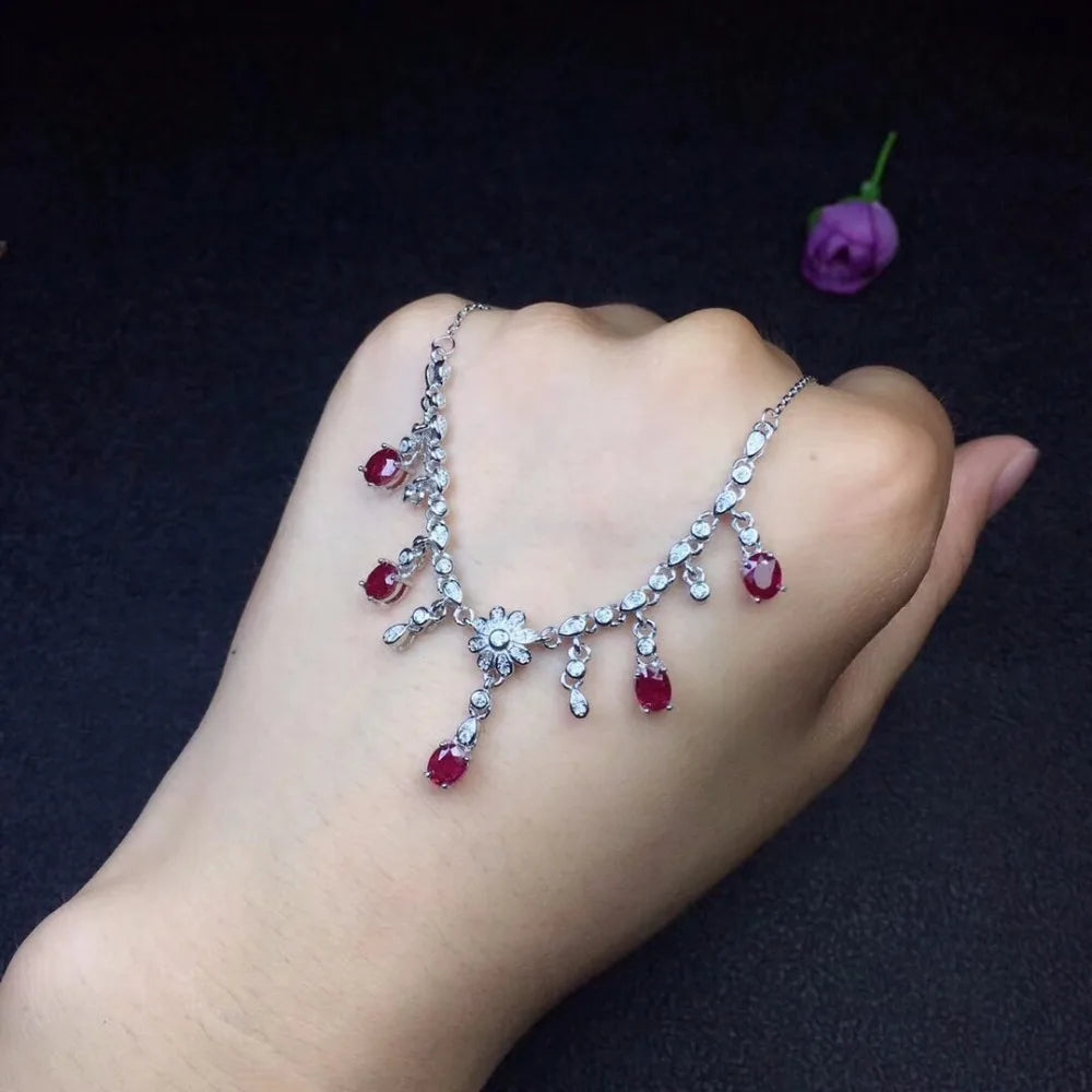 Tested Natural Ruby Choker Necklace for Women, 4*5mm*5Pcs Birthstone, 925 Sterling Silver with Velvet Box Certificate