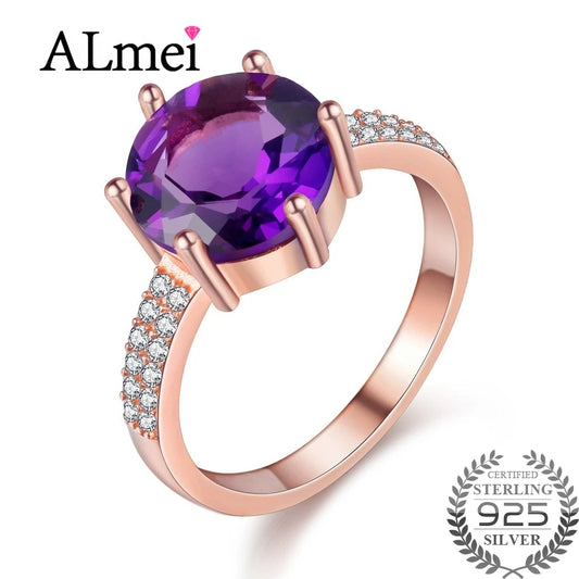 2.5ct Amethyst Female Purple Ring Rose Gold Color Jewelry Vintage Wedding Rings Silver 925 Birthstone with Box