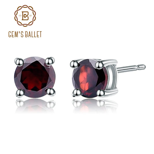 5mm 1.28Ct Round Natural Red Garnet Gemstone Stud Earrings Genuine 925 Sterling Silver Fashion Jewelry for Women