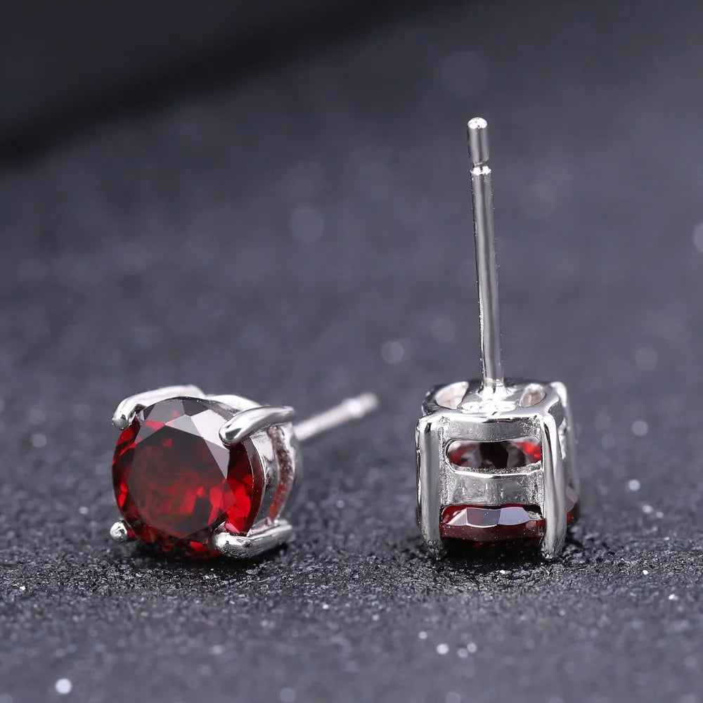 5mm 1.28Ct Round Natural Red Garnet Gemstone Stud Earrings Genuine 925 Sterling Silver Fashion Jewelry for Women