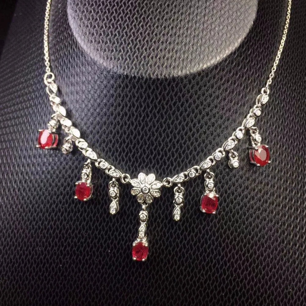 Tested Natural Ruby Choker Necklace for Women, 4*5mm*5Pcs Birthstone, 925 Sterling Silver with Velvet Box Certificate