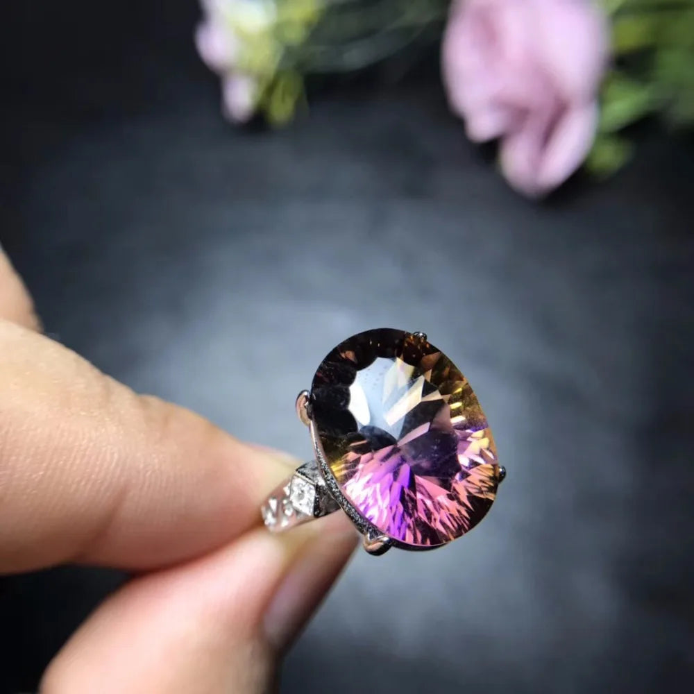 Natural Ametrine Rare Gems Ring, Ladies 925 Sterling Silver