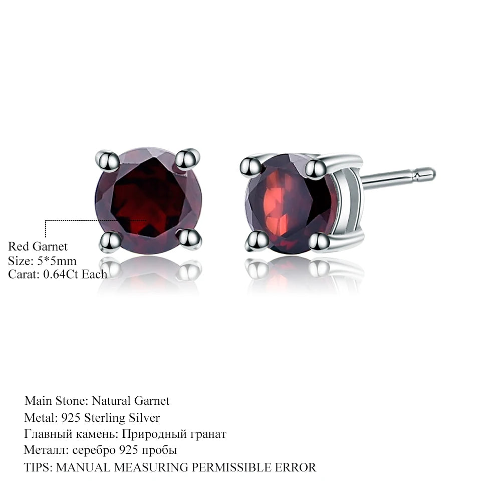 5mm 1.28Ct Round Natural Red Garnet Gemstone Stud Earrings Genuine 925 Sterling Silver Fashion Jewelry for Women