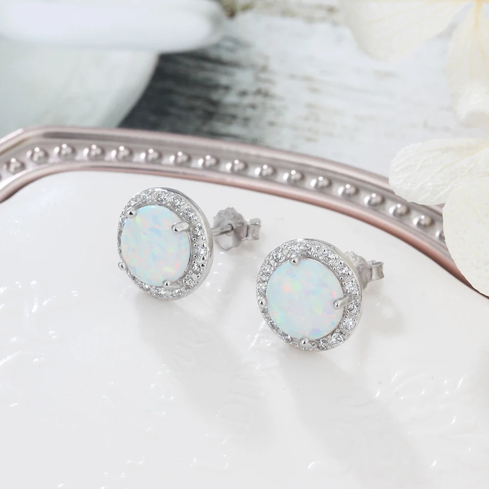 Classic 925 Sterling Silver Stud Earrings Round White Pink Blue Opal Earrings with Cubic Zirconia