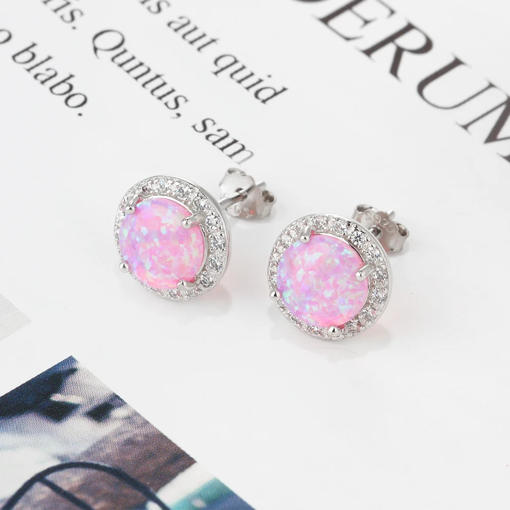 Classic 925 Sterling Silver Stud Earrings Round White Pink Blue Opal Earrings with Cubic Zirconia