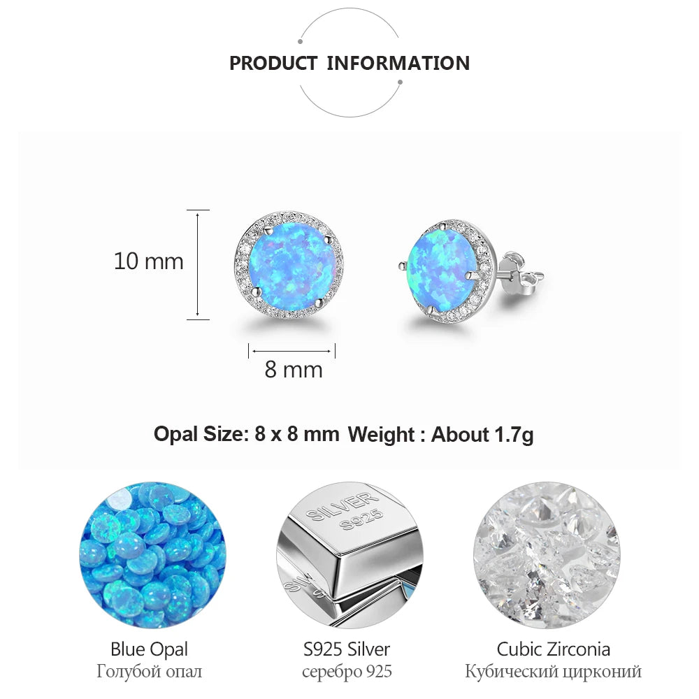 Classic 925 Sterling Silver Stud Earrings Round White Pink Blue Opal Earrings with Cubic Zirconia