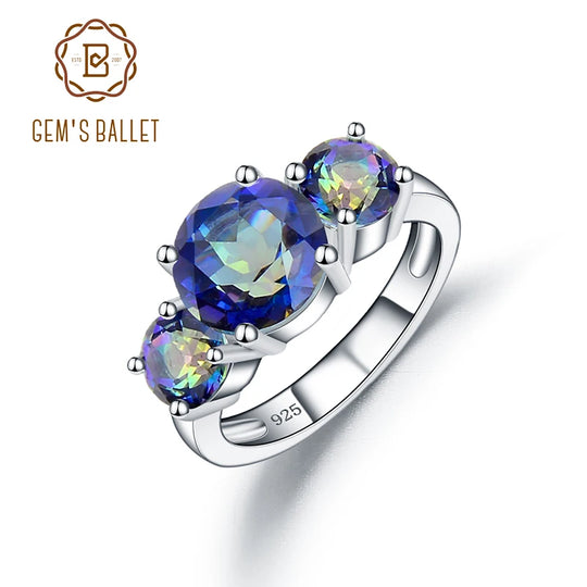 Natural Round Mystic Topaz Birthstone Rings For Women 925 Sterling Silver Three Stone Classic