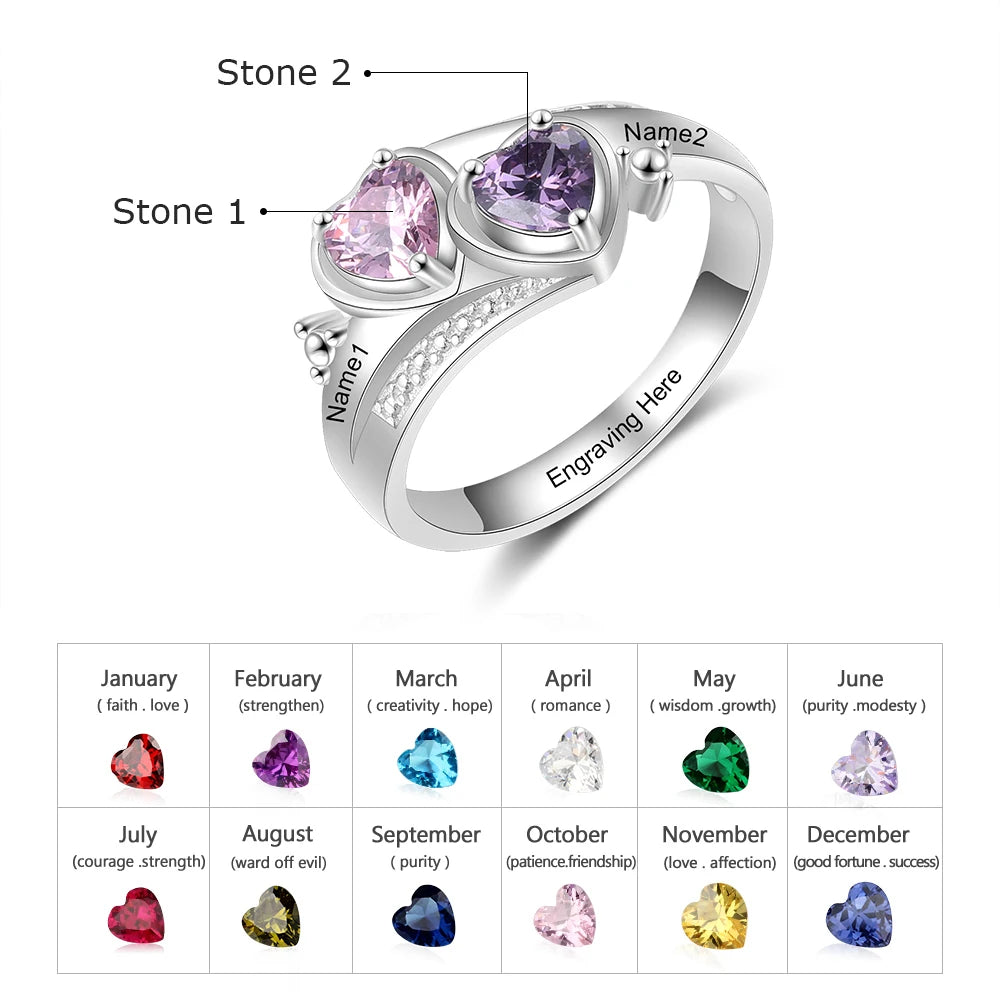 Personalized Name Engraved Promise Rings for Women Silver Color Customize Heart Birthstone