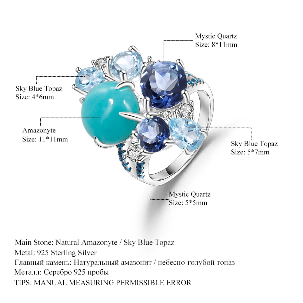 925 Sterling Silver Statement Rings Natural Amazonite Blue Topaz Gemstone Candy Ring for Women Fine Jewelry