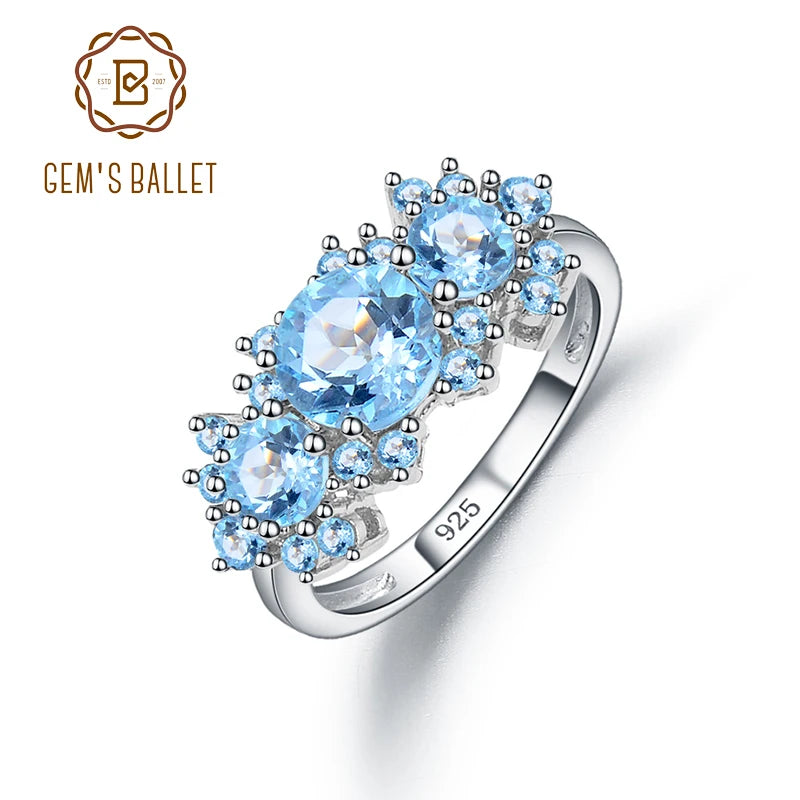 925 Sterling Silver Vintage Luxury Ring Natural Sky Blue Topaz Birthstone Fine Jewelry