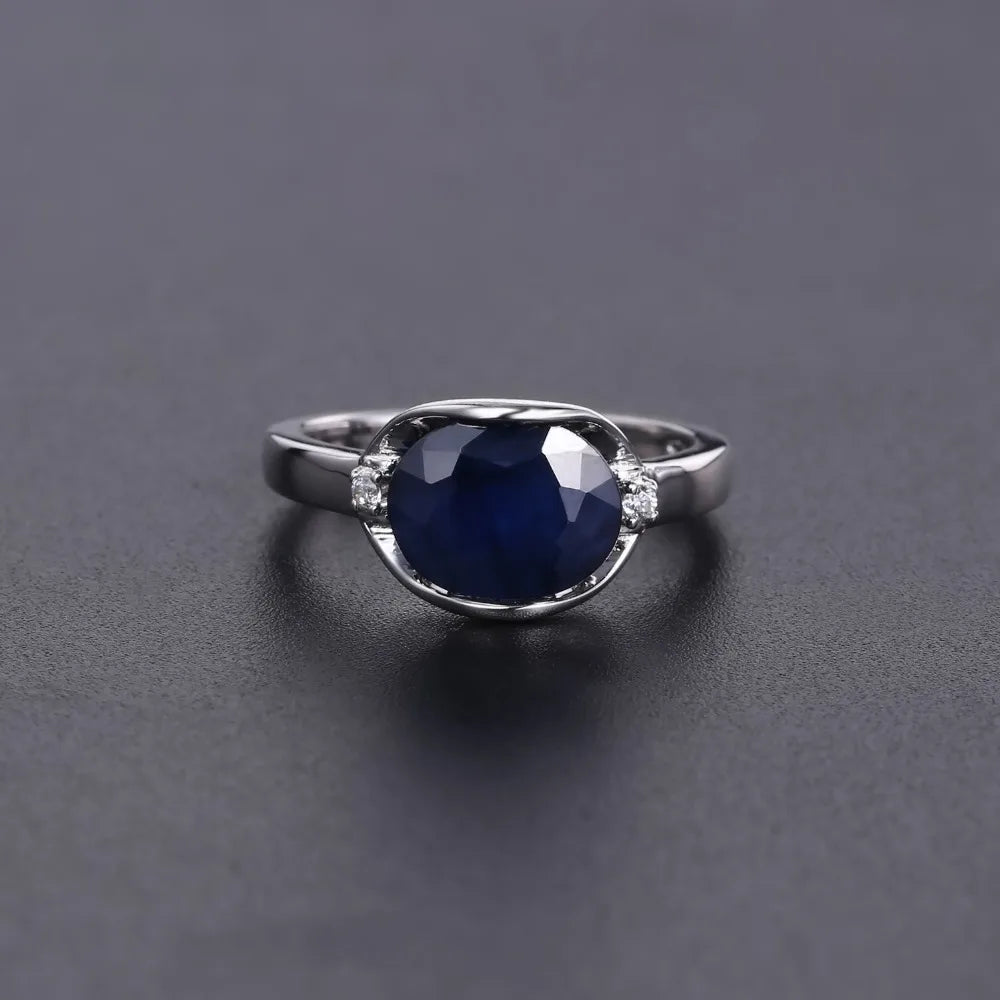 Natural Blue Sapphire Gemstone Ring Earrings Jewelry Set For Women 925 Sterling Silver Oval Classic