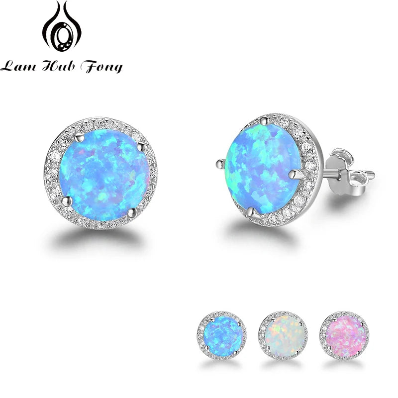 Classic 925 Sterling Silver Stud Earrings Round White Pink Blue Opal Earrings with Cubic Zirconia