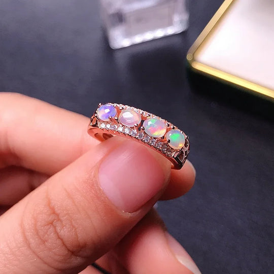 4 Pcs 100% Real 5*7mm Natural Oval Opal Ring, Sterling Silver S925 Fine Jewelry Gift for Woman, Platinum / Rose Gold  Plated