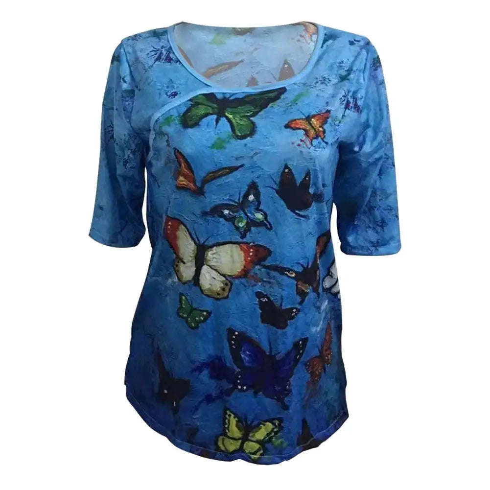 Graphic Tee Shirts Summer New Fashion Women V-neck Flower Print Short Sleeve Casual Loose