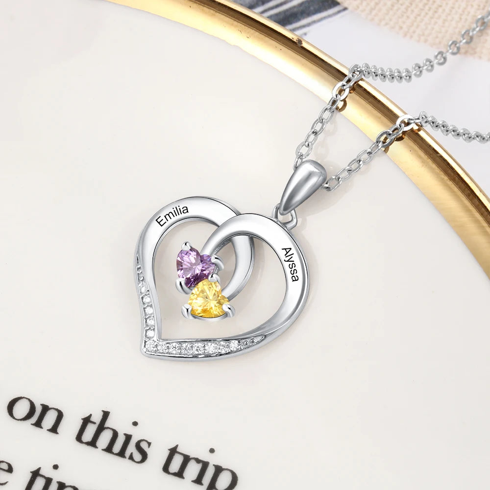 925 Sterling Silver Personalized Heart Necklace with 2 Birthstones Engraved Name Couple