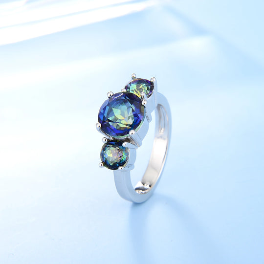 Natural Round Mystic Topaz Birthstone Rings For Women 925 Sterling Silver Three Stone Classic